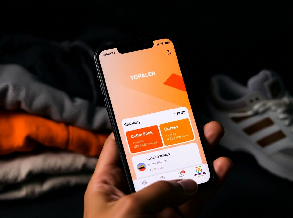 Celular exibindo aplicativo de fidelidade com cashback e promoções