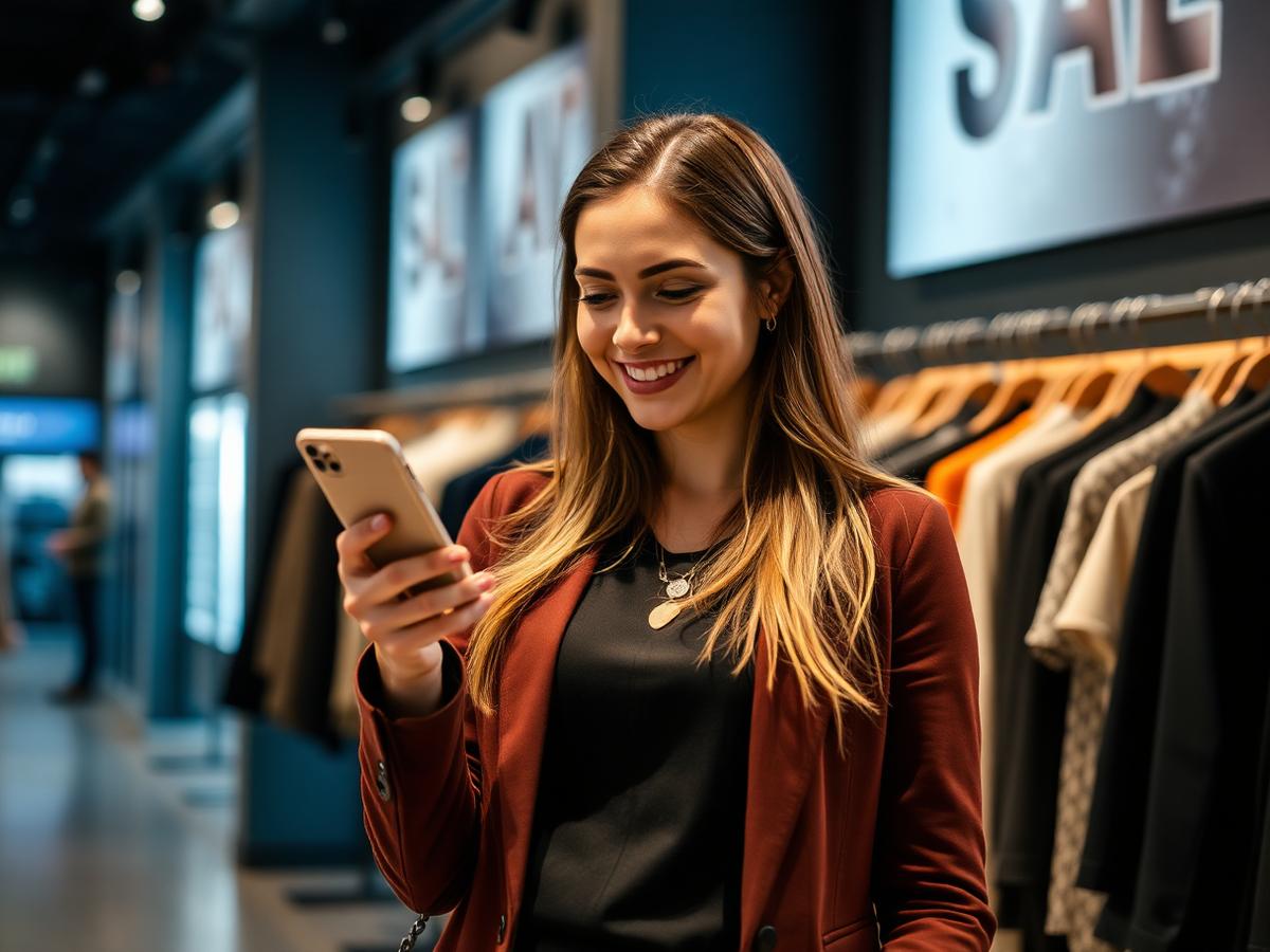 Vendedora sorridente olhando painel de metas e comissões no celular dentro da loja