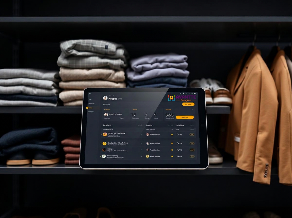 Prateleira de loja com produtos e tablet exibindo painel de consignado