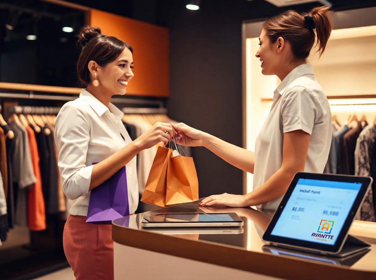 Vendedora entregando compra à cliente com sistema de crediário no balcão