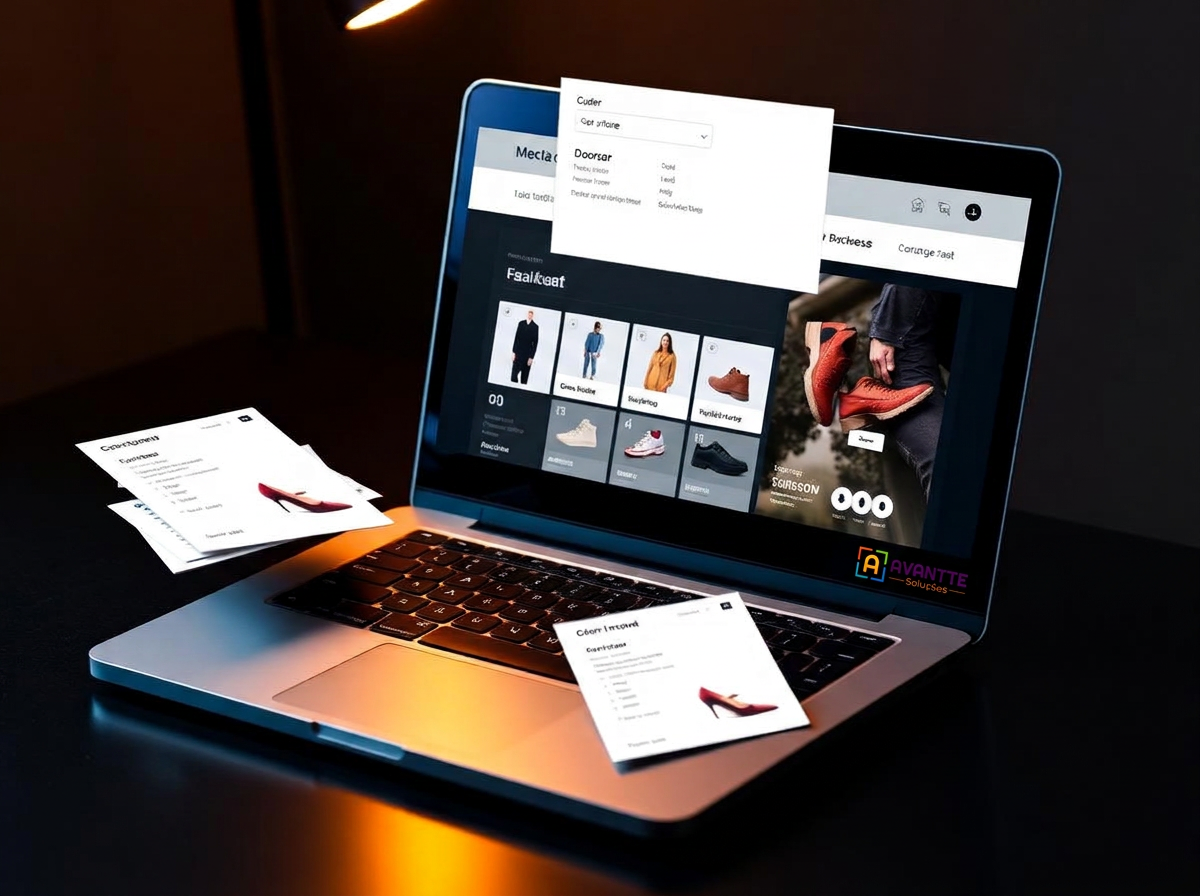 Notebook exibindo site de vendas de roupas e calçados com painel de pedidos
