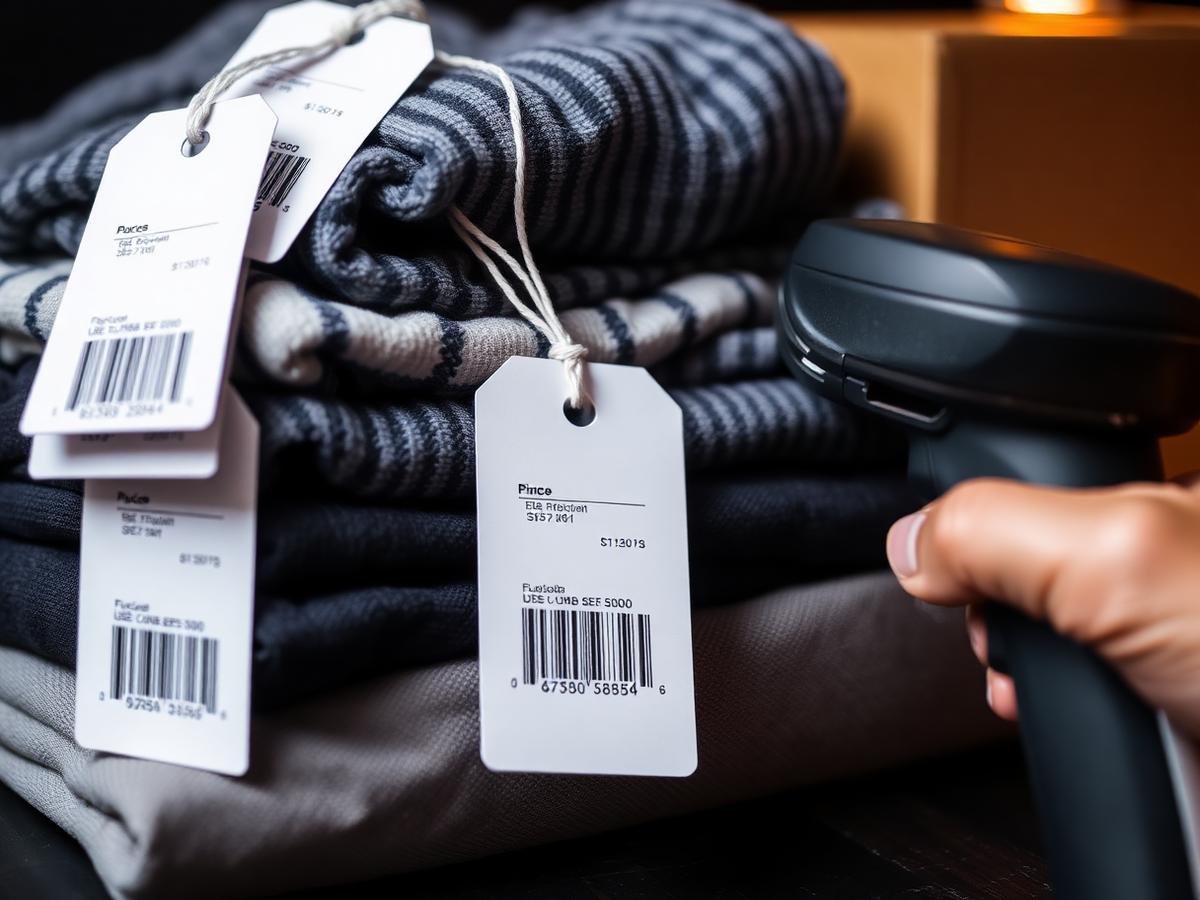 Etiquetas com código de barras em peças de roupa ao lado de uma leitora