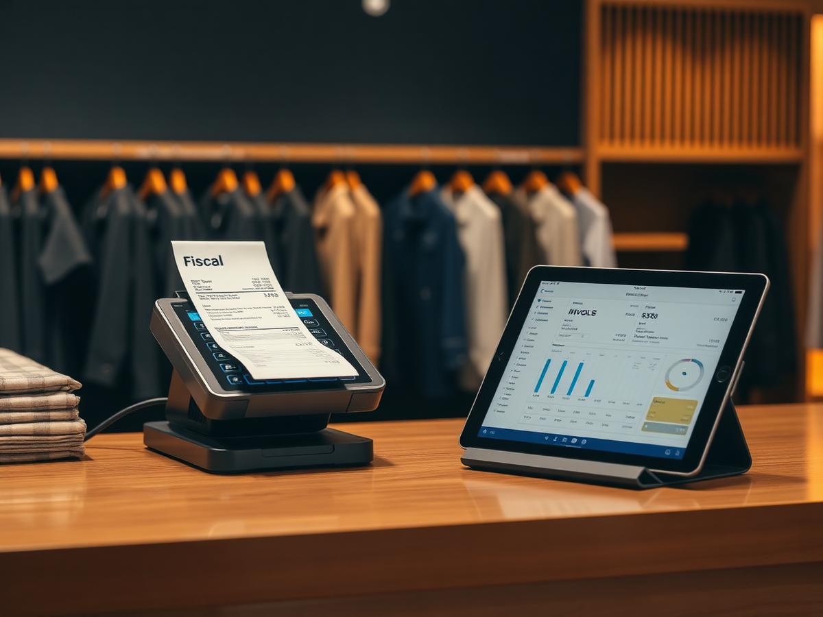 Balcão de loja com PDV emitindo cupom fiscal e tablet exibindo painel fiscal