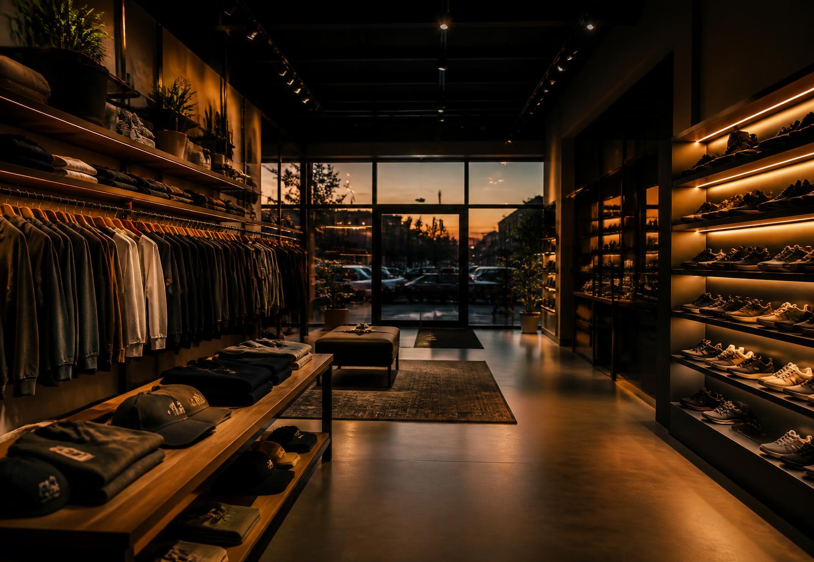 Interior de loja de roupas e calçados moderna, com araras, prateleiras iluminadas e vitrine