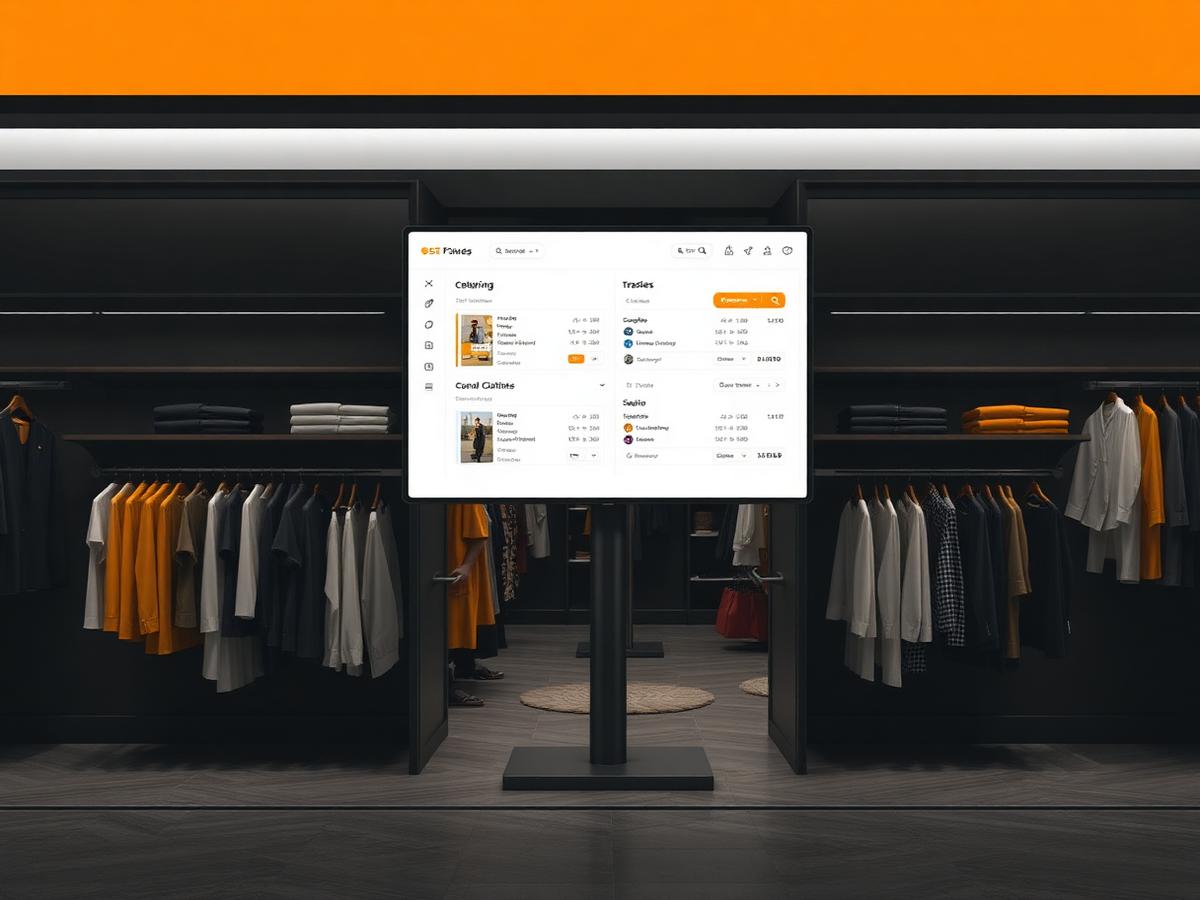 Duas lojas de roupas com painel central exibindo estoque unificado e transferências