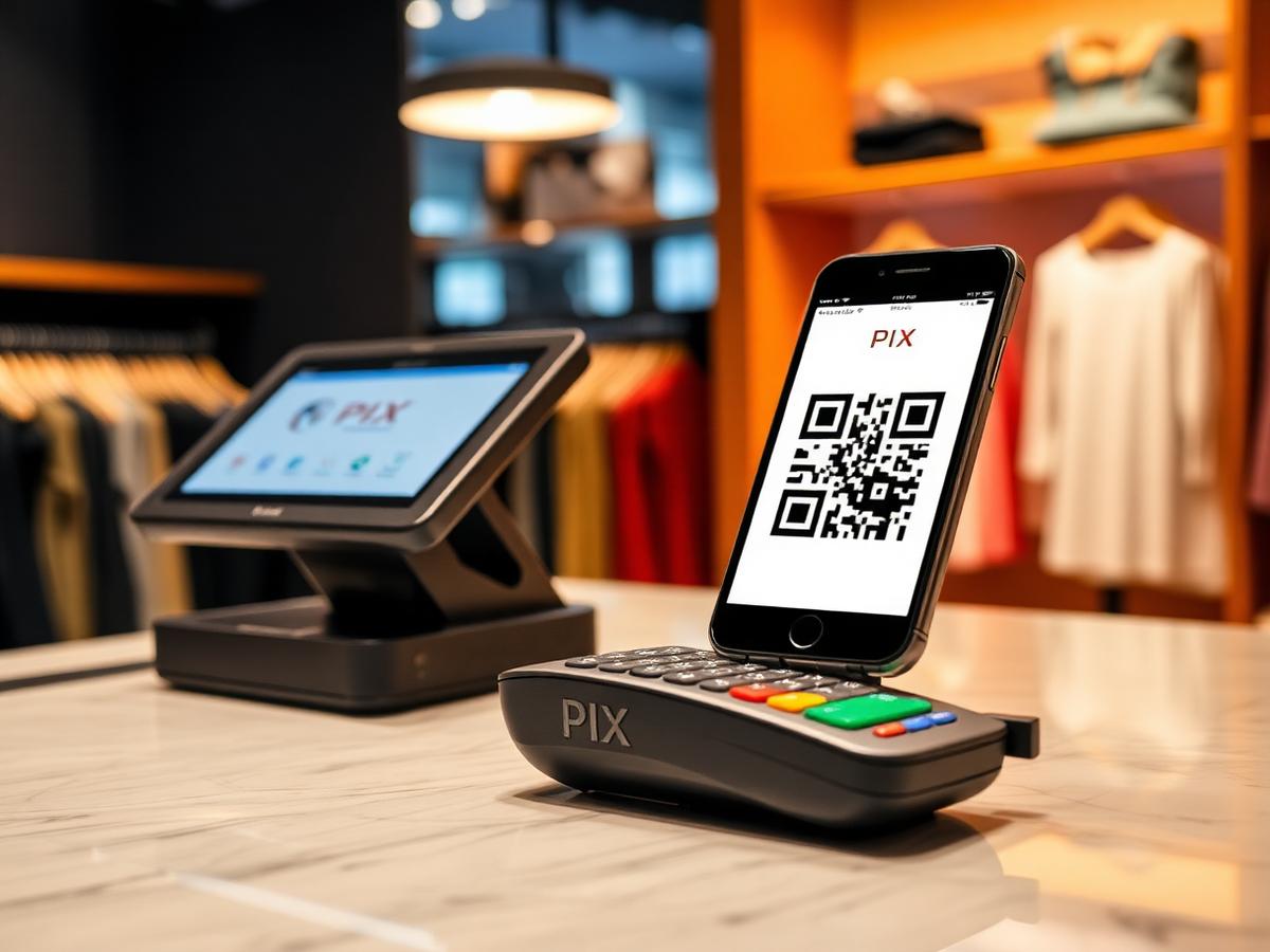Maquininha de cartão e celular com QR Code de PIX no balcão da loja