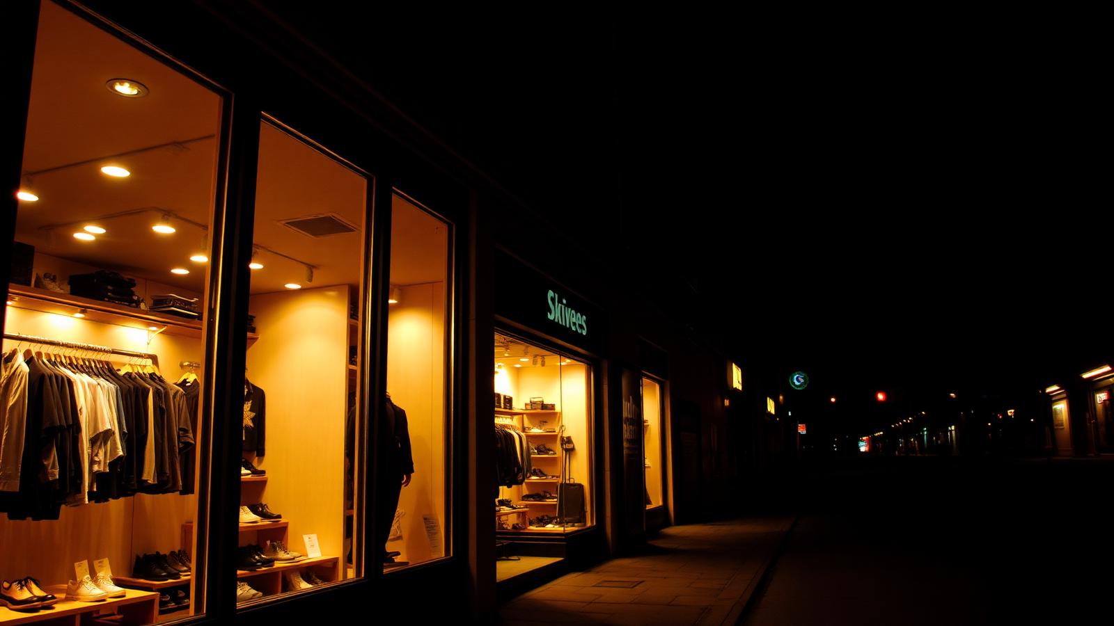 Vitrine iluminada de loja de roupas e calçados à noite